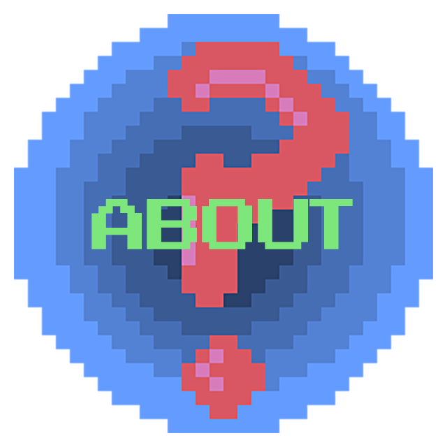 A 32-bit image of a pink question mark in front of a blue circle. In the centered foreground green text reads About.