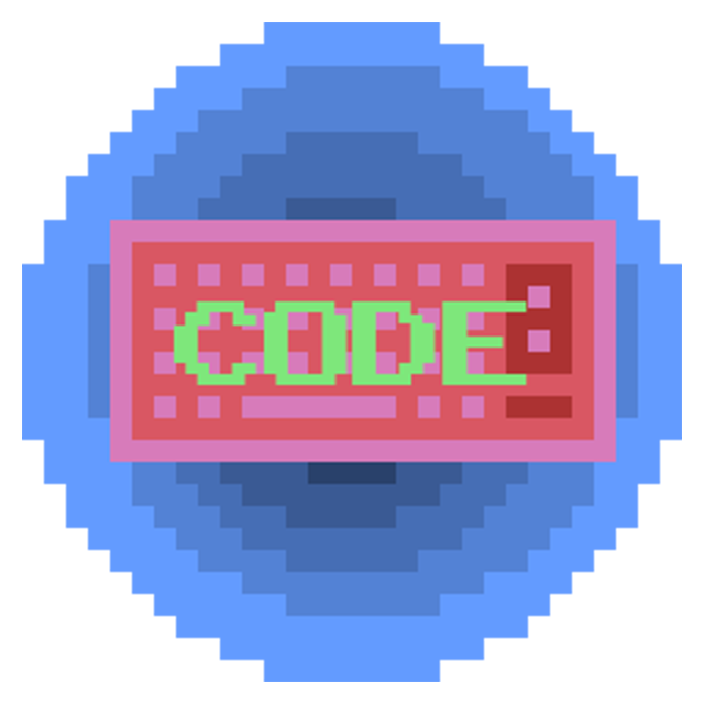 A 32-bit pixel rendition of a canvas featuring a pink computer keyboard. Green text centered in the foreground reads Code.