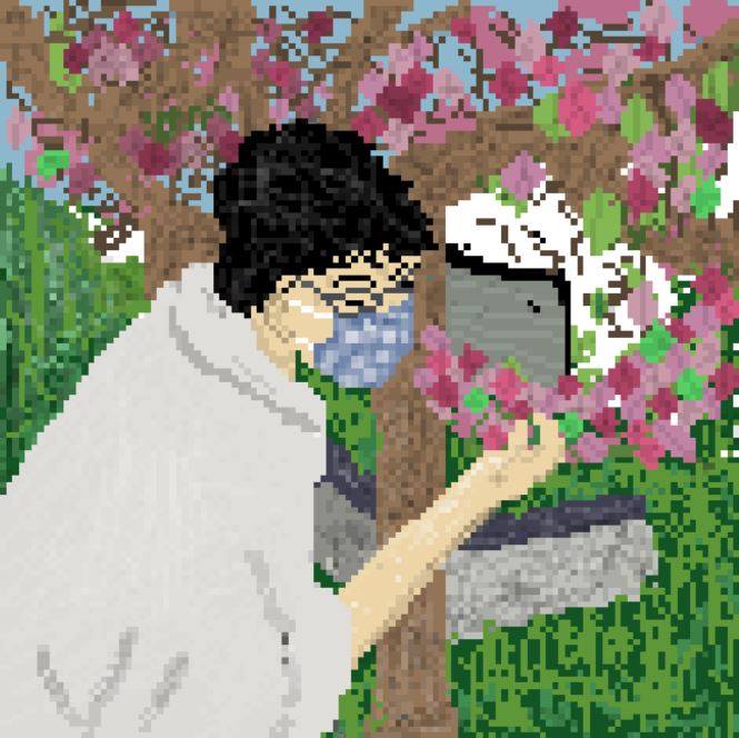 A 128-bit pixel rendition of a person smelling pink flowers on a tree.