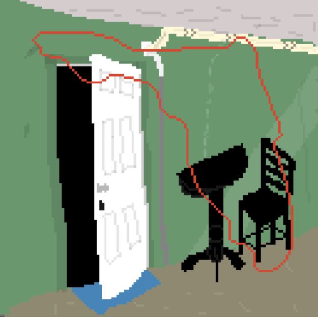 A 128 bit rendition of a slightly ajar fron door on a green wall. A small black table with a partially folded tabletop and black chair lean against the wall. An orange outline in the shape of the state of Florida is overlayed on the image.
