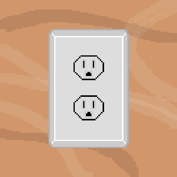 A 128 bit rendition of a wall socket on a tan wall.