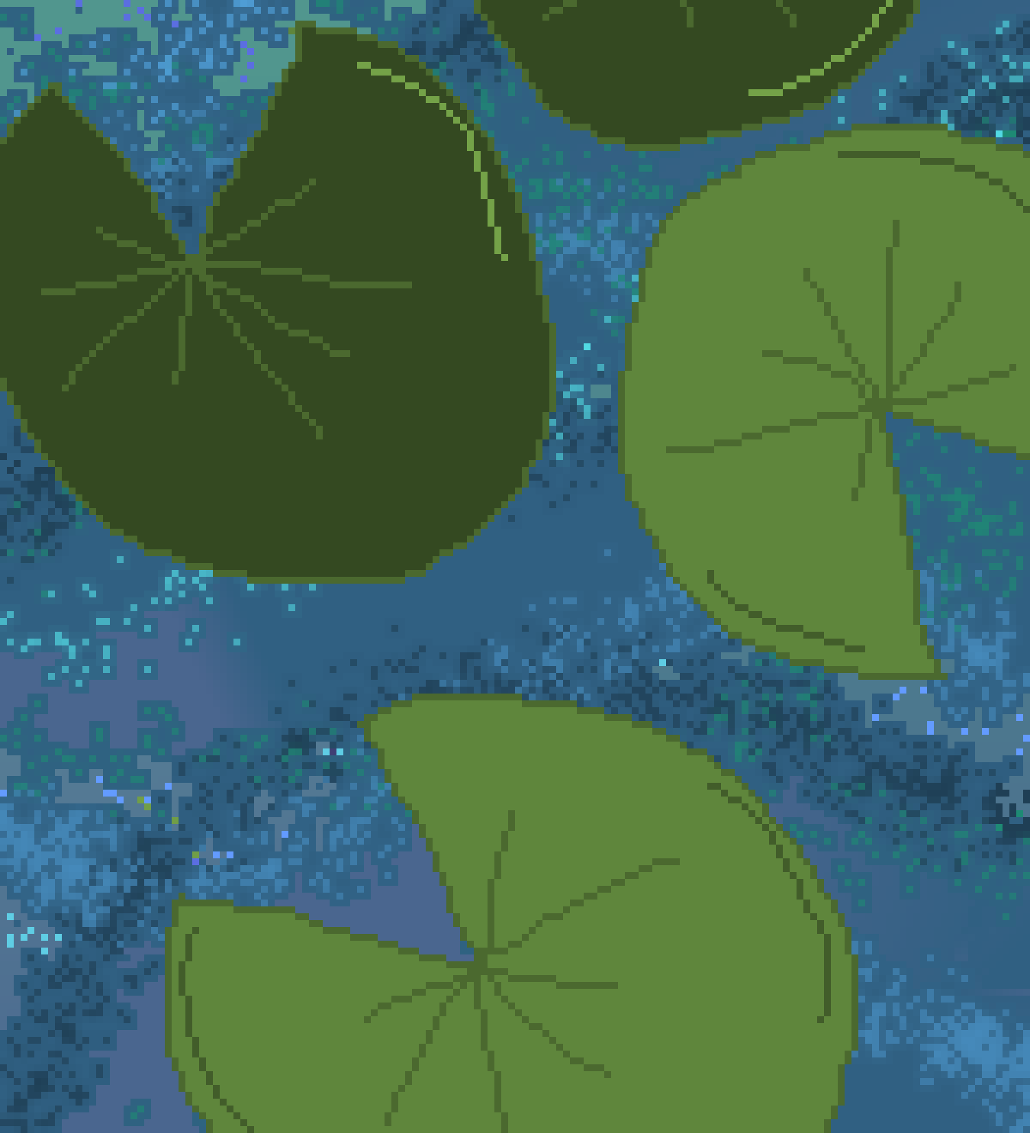 A 128 bit rendition of a closeup of a blue-green pond where three lilypads of varying shades of green are visible.