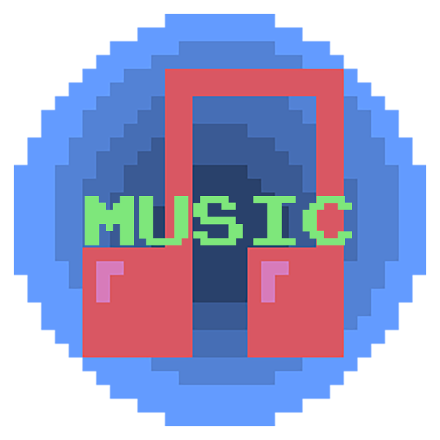 A 32-bit drawing of a pink double music note on top of a blue circle, in the centered foreground green text reads Music.