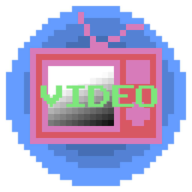 A 32-bit pixel rendition of a pink anteanna television set with the text Video in the centered foreground in green.