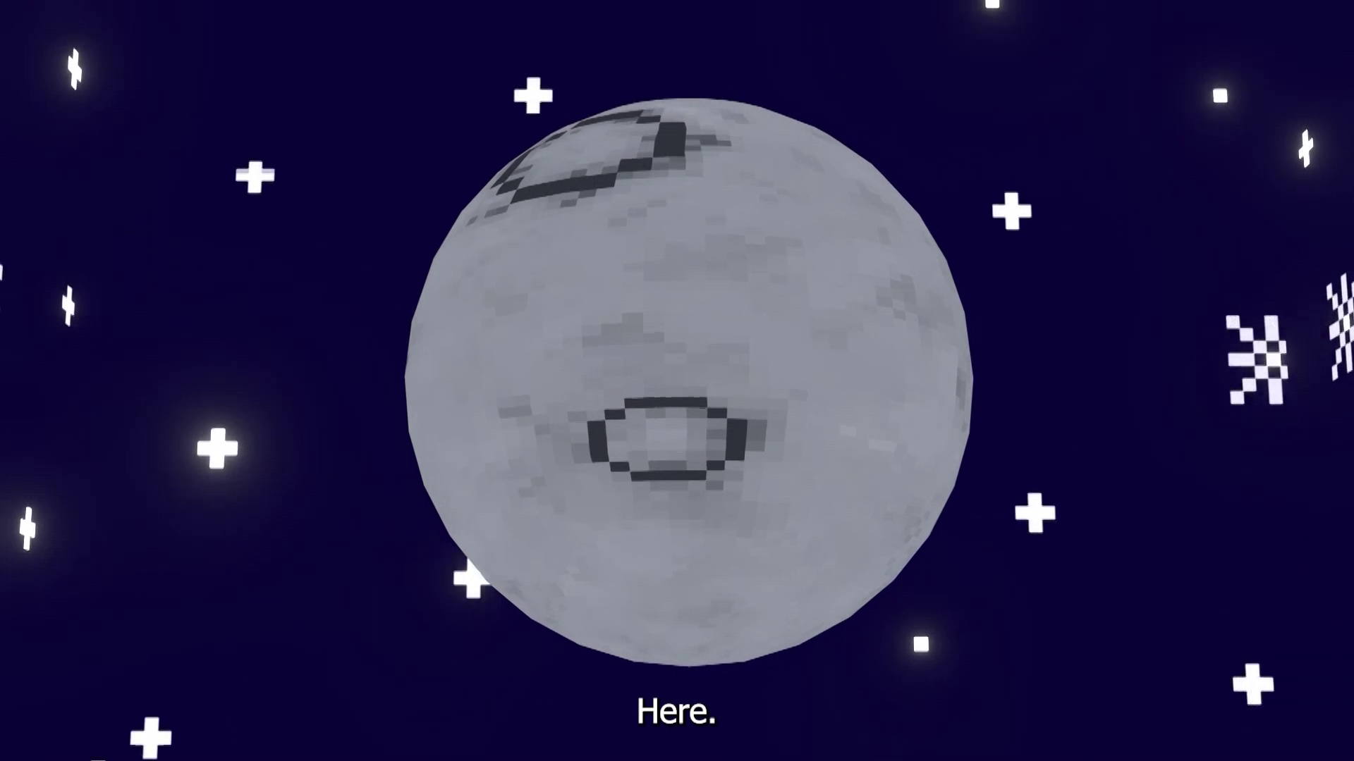 Screenshot of a video showing a 3D moon with stars agaisnt a dark blue background interpreted in a pixel art style